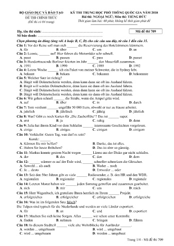 Đề thi THPT quốc gia năm 2018 môn Tiếng Đức - Mã đề 709 (Kèm đáp án)
