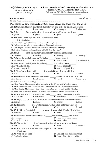 Đề thi THPT quốc gia năm 2018 môn Tiếng Đức - Mã đề 710 (Kèm đáp án)