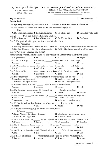 Đề thi THPT quốc gia năm 2018 môn Tiếng Đức - Mã đề 711 (Kèm đáp án)
