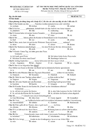 Đề thi THPT quốc gia năm 2018 môn Tiếng Đức - Mã đề 712 (Kèm đáp án)