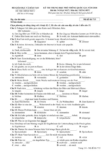 Đề thi THPT quốc gia năm 2018 môn Tiếng Đức - Mã đề 713 (Kèm đáp án)