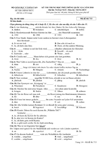 Đề thi THPT quốc gia năm 2018 môn Tiếng Đức - Mã đề 715 (Kèm đáp án)