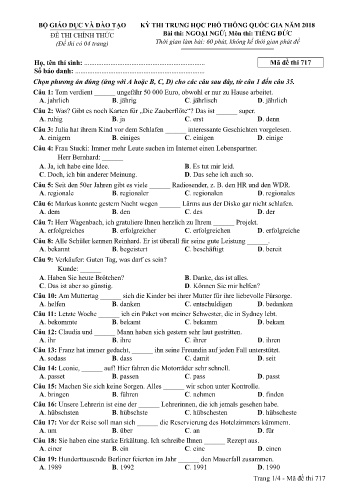 Đề thi THPT quốc gia năm 2018 môn Tiếng Đức - Mã đề 717 (Kèm đáp án)