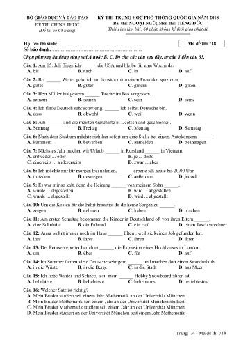 Đề thi THPT quốc gia năm 2018 môn Tiếng Đức - Mã đề 718 (Kèm đáp án)