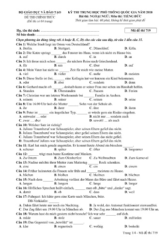 Đề thi THPT quốc gia năm 2018 môn Tiếng Đức - Mã đề 719 (Kèm đáp án)