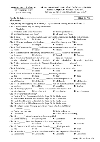 Đề thi THPT quốc gia năm 2018 môn Tiếng Đức - Mã đề 720 (Kèm đáp án)