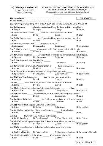 Đề thi THPT quốc gia năm 2018 môn Tiếng Đức - Mã đề 721 (Kèm đáp án)