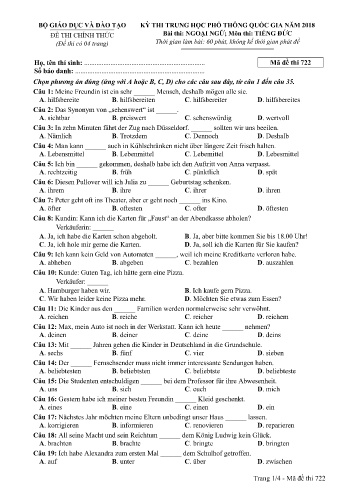 Đề thi THPT quốc gia năm 2018 môn Tiếng Đức - Mã đề 722 (Kèm đáp án)