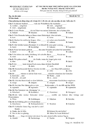 Đề thi THPT quốc gia năm 2018 môn Tiếng Đức - Mã đề 723 (Kèm đáp án)