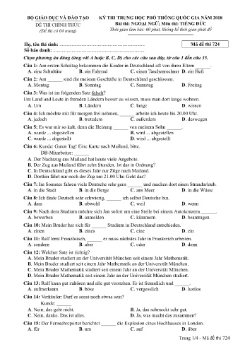 Đề thi THPT quốc gia năm 2018 môn Tiếng Đức - Mã đề 724 (Kèm đáp án)