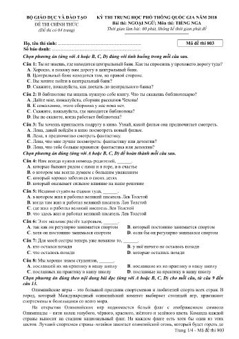 Đề thi THPT quốc gia năm 2018 môn Tiếng Nga - Mã đề 803 (Kèm đáp án)