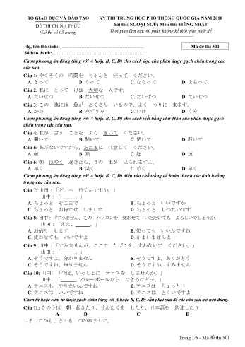 Đề thi THPT quốc gia năm 2018 môn Tiếng Nhật - Mã đề 501 (Kèm đáp án)