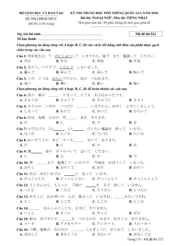 Đề thi THPT quốc gia năm 2018 môn Tiếng Nhật - Mã đề 512 (Kèm đáp án)