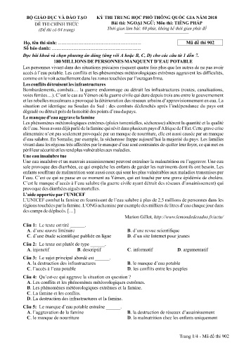 Đề thi THPT quốc gia năm 2018 môn Tiếng Pháp - Mã đề 902 (Kèm đáp án)