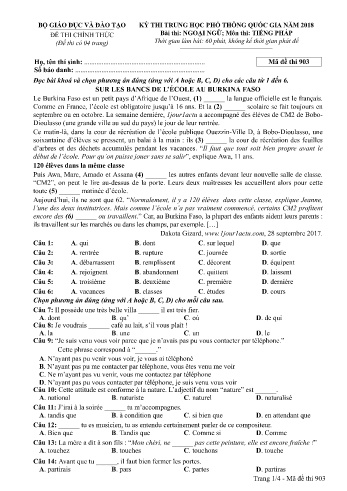 Đề thi THPT quốc gia năm 2018 môn Tiếng Pháp - Mã đề 903 (Kèm đáp án)