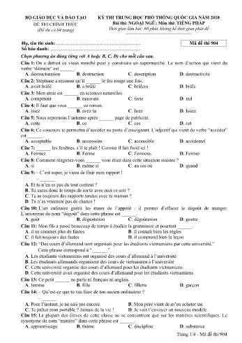 Đề thi THPT quốc gia năm 2018 môn Tiếng Pháp - Mã đề 904 (Kèm đáp án)