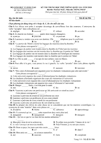 Đề thi THPT quốc gia năm 2018 môn Tiếng Pháp - Mã đề 906 (Kèm đáp án)