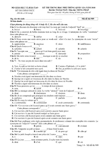 Đề thi THPT quốc gia năm 2018 môn Tiếng Pháp - Mã đề 909 (Kèm đáp án)