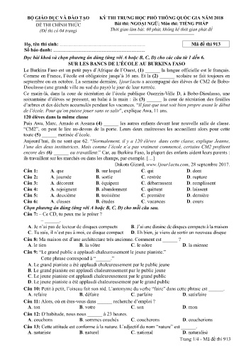 Đề thi THPT quốc gia năm 2018 môn Tiếng Pháp - Mã đề 913 (Kèm đáp án)