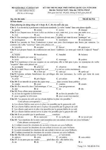 Đề thi THPT quốc gia năm 2018 môn Tiếng Pháp - Mã đề 916 (Kèm đáp án)