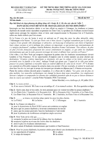 Đề thi THPT quốc gia năm 2018 môn Tiếng Pháp - Mã đề 919 (Kèm đáp án)