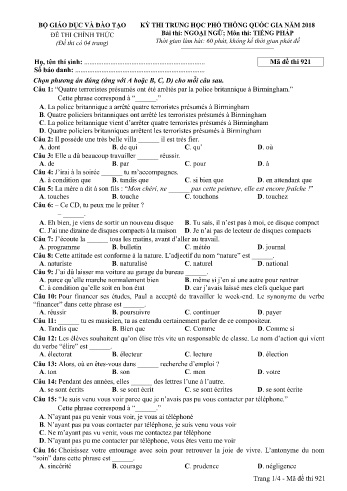 Đề thi THPT quốc gia năm 2018 môn Tiếng Pháp - Mã đề 921 (Kèm đáp án)
