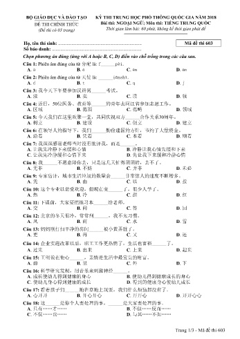 Đề thi THPT quốc gia năm 2018 môn Tiếng Trung quốc - Mã đề 603 (Kèm đáp án)