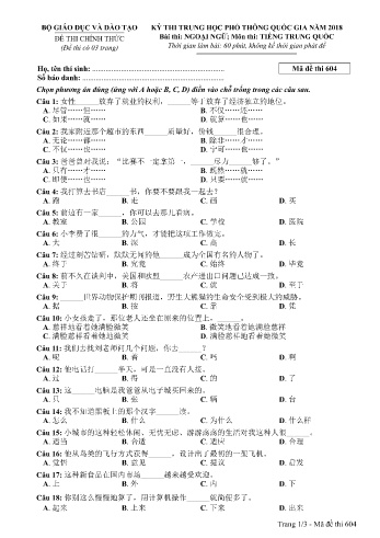 Đề thi THPT quốc gia năm 2018 môn Tiếng Trung quốc - Mã đề 604 (Kèm đáp án)