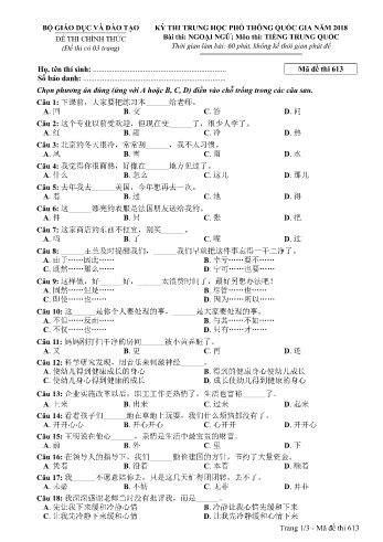 Đề thi THPT quốc gia năm 2018 môn Tiếng Trung quốc - Mã đề 613 (Kèm đáp án)