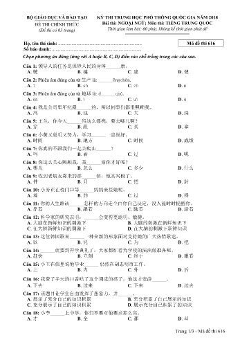Đề thi THPT quốc gia năm 2018 môn Tiếng Trung quốc - Mã đề 616 (Kèm đáp án)