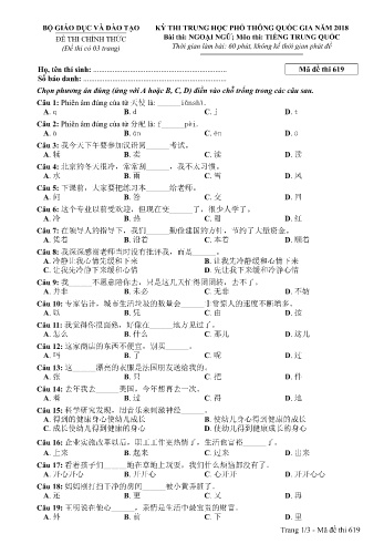 Đề thi THPT quốc gia năm 2018 môn Tiếng Trung quốc - Mã đề 619 (Kèm đáp án)