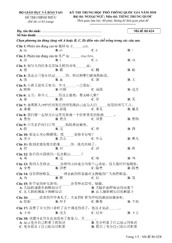 Đề thi THPT quốc gia năm 2018 môn Tiếng Trung quốc - Mã đề 624 (Kèm đáp án)