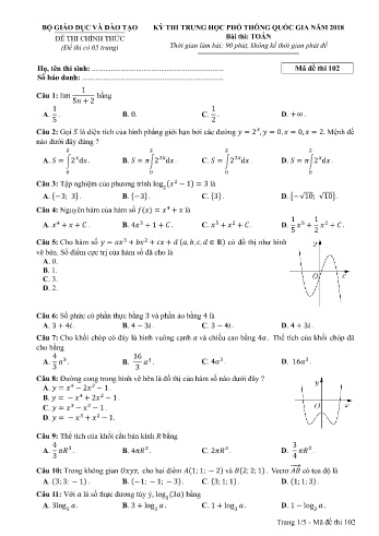Đề thi THPT quốc gia năm 2018 môn Toán - Mã đề 102 (Kèm đáp án)