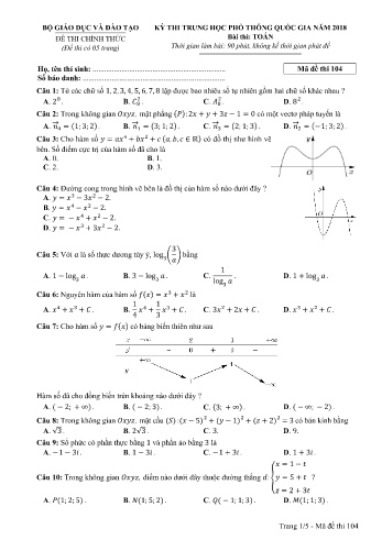 Đề thi THPT quốc gia năm 2018 môn Toán - Mã đề 104 (Kèm đáp án)