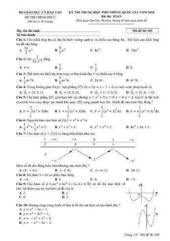 Đề thi THPT quốc gia năm 2018 môn Toán - Mã đề 105 (Kèm đáp án)