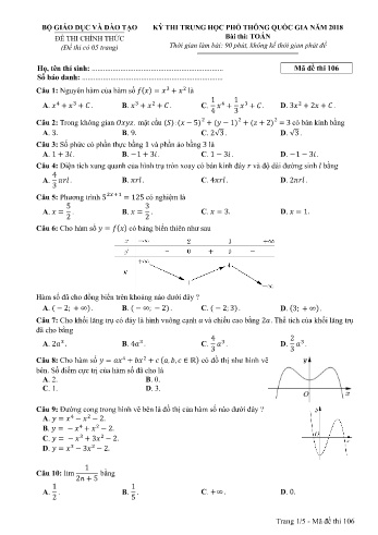 Đề thi THPT quốc gia năm 2018 môn Toán - Mã đề 106 (Kèm đáp án)