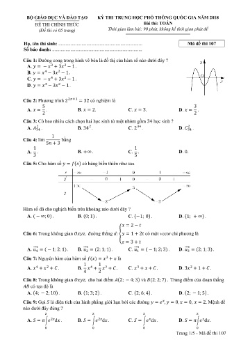 Đề thi THPT quốc gia năm 2018 môn Toán - Mã đề 107 (Kèm đáp án)
