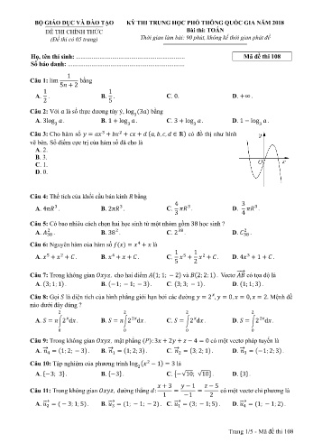 Đề thi THPT quốc gia năm 2018 môn Toán - Mã đề 108 (Kèm đáp án)
