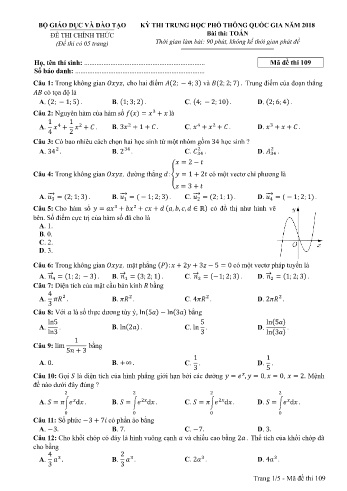 Đề thi THPT quốc gia năm 2018 môn Toán - Mã đề 109 (Kèm đáp án)