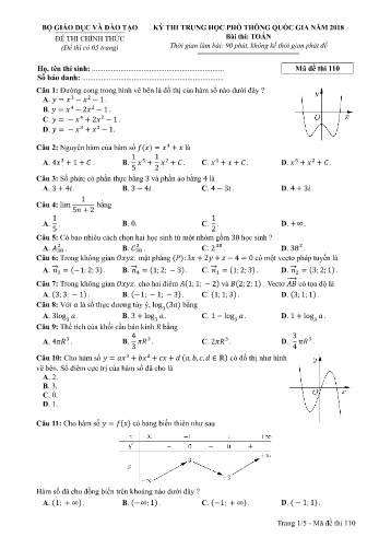 Đề thi THPT quốc gia năm 2018 môn Toán - Mã đề 110 (Kèm đáp án)