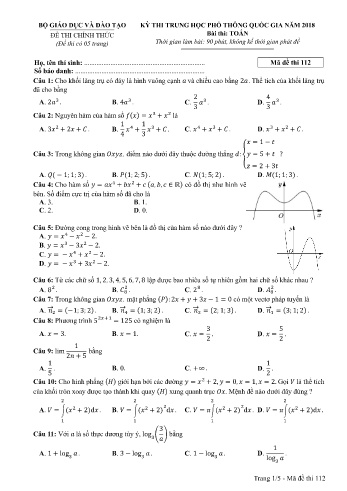 Đề thi THPT quốc gia năm 2018 môn Toán - Mã đề 112 (Kèm đáp án)