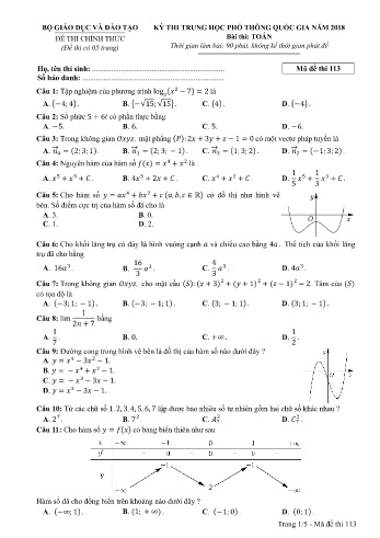 Đề thi THPT quốc gia năm 2018 môn Toán - Mã đề 113 (Kèm đáp án)