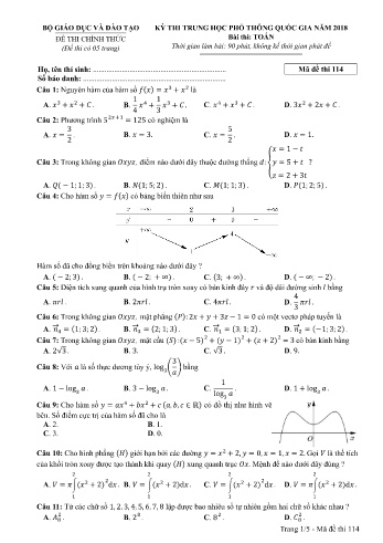 Đề thi THPT quốc gia năm 2018 môn Toán - Mã đề 114 (Kèm đáp án)