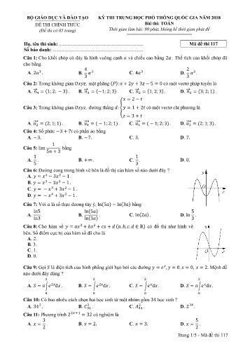 Đề thi THPT quốc gia năm 2018 môn Toán - Mã đề 117 (Kèm đáp án)