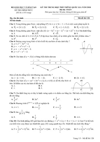 Đề thi THPT quốc gia năm 2018 môn Toán - Mã đề 120 (Kèm đáp án)