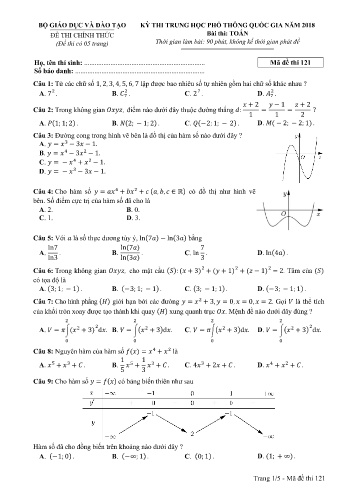 Đề thi THPT quốc gia năm 2018 môn Toán - Mã đề 121 (Kèm đáp án)