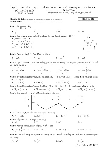 Đề thi THPT quốc gia năm 2018 môn Toán - Mã đề 123 (Kèm đáp án)
