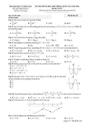Đề thi THPT quốc gia năm 2018 môn Toán - Mã đề 124 (Kèm đáp án)