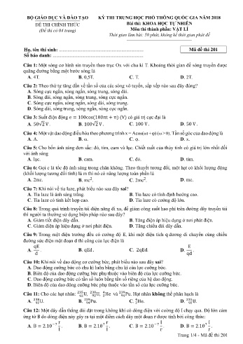 Đề thi THPT quốc gia năm 2018 môn Vật lí - Mã đề 201 (Kèm đáp án)