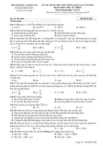 Đề thi THPT quốc gia năm 2018 môn Vật lí - Mã đề 202 (Kèm đáp án)